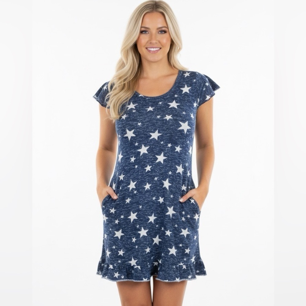 Pj Couture small blue white star print cozy dress